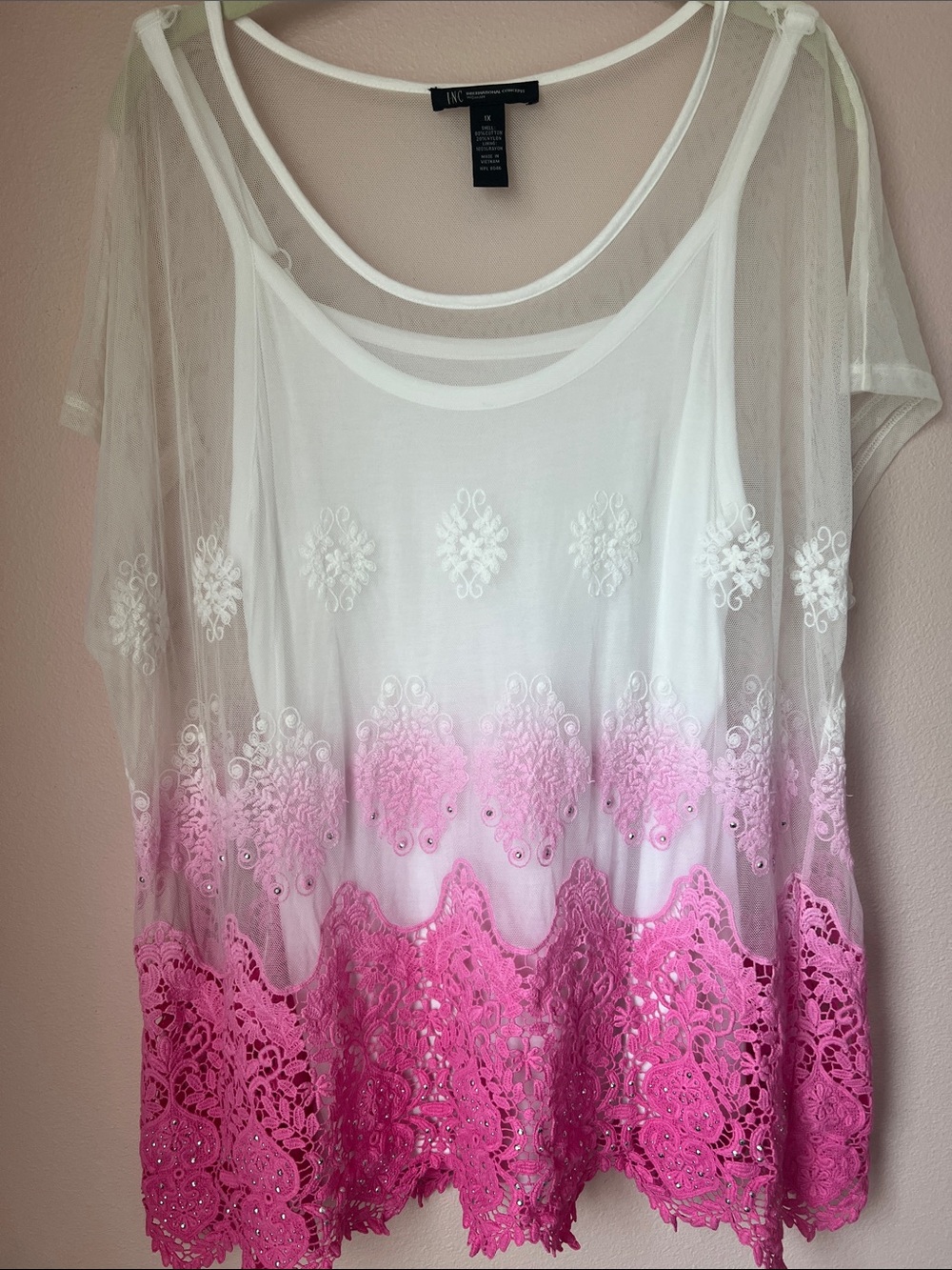 INC International Concepts White to Pink Ombre Embroidered Lace Tunic